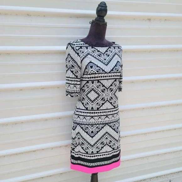 Eliza J Dress Geometric Abstract Black White Shift Pink Stripe Stretch Elbow 6 - Picture 4 of 11